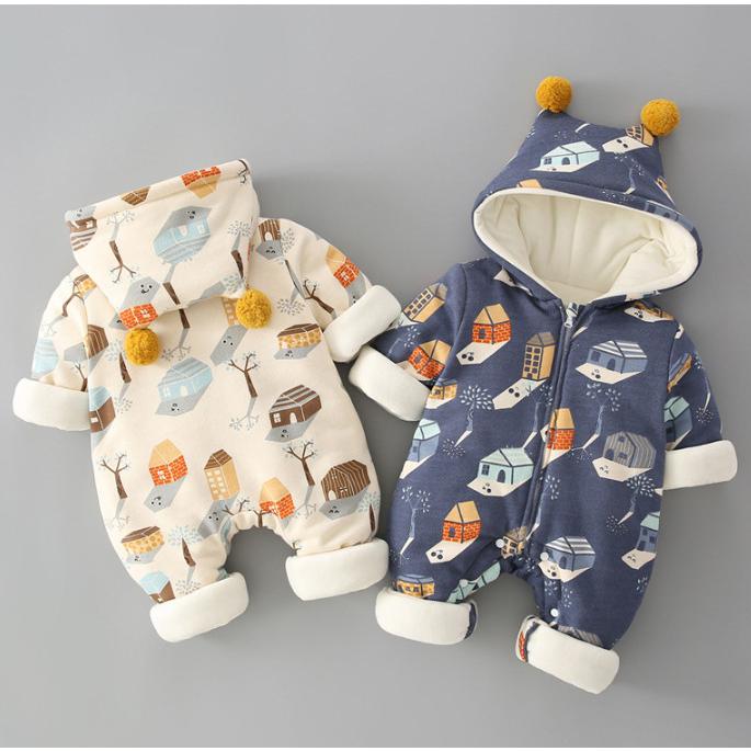 ベビー服 ロンパース 冬 長袖 新生児 着ぐるみ フード付き 厚手 防寒 綿 ベビー服 クリスマス 女の子男の子 人気アイテム