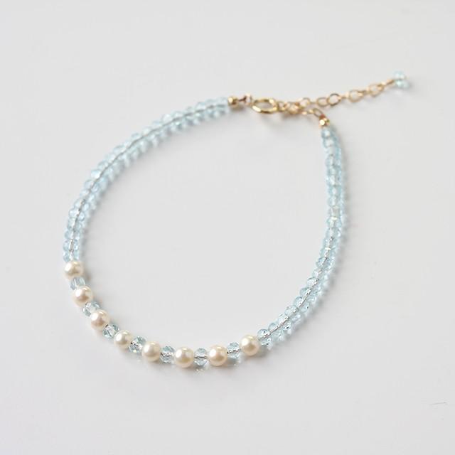 KEIUNDO 11月 誕生石 ブルー トパーズ & 淡水 パール 14KGF ブレスレット 高級ケース付 レディース | 