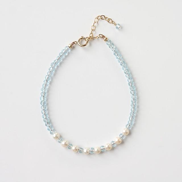 KEIUNDO 11月 誕生石 ブルー トパーズ & 淡水 パール 14KGF ブレスレット 高級ケース付 レディース |  | 01