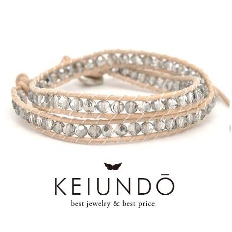 KEIUNDO レザー 2連 ラップ ブレスレット クリスタル ラッピング無料 レディース メンズ | 
