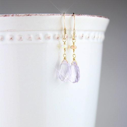 KEIUNDO ピンク アメジスト & エチオピア産プレシャス オパール 14KGF ピアス レディース 天然石 高級ケース付 | 