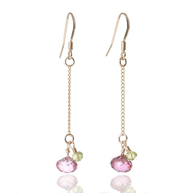 KEIUNDO 11月 誕生石 ピンク トパーズ & 8月 誕生石 ペリドット ボタンカット 14KGF ピアス レディース 高級ケース付 ラッピング無料 | 