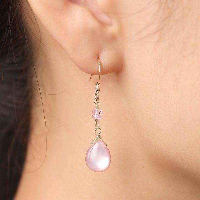 KEIUNDO ピンクシェル ペアシェイプカット & ピンクサファイア ボタンカット 14KGF ピアス レディース 天然石 高級ケース付 ラッピング無料 |  | 02