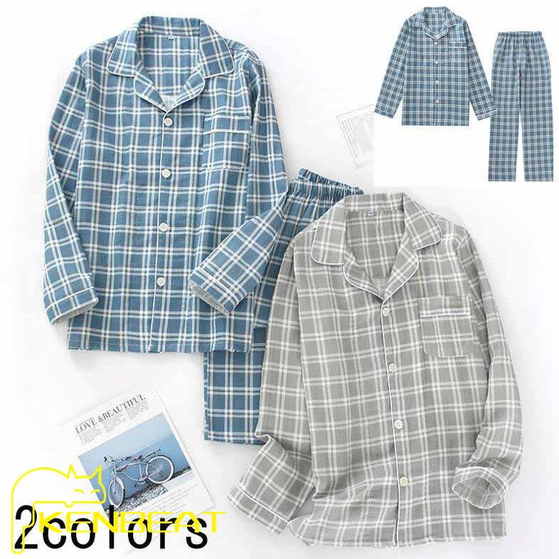 メンズパジャマ ルームウェア 長袖パジャマ 前開き 上下セット チェック柄 2点パジャマ オシャレ 紳士パジャマ 寝巻き 寝間着 部屋着 男性用 ナイトウェア 春秋 59 Off