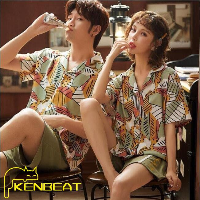 リーフ柄 パジャマ 2点セット 半袖 ペアルック レディース メンズ 上下セット ナイトウェア ルームウエア 寝巻き 部屋着 夏 カップル揃い 恋人 ご夫婦 可愛い 激安ブランド