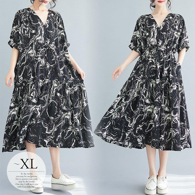 Seasonal Wrap入荷 ワンピース ミディ丈 膝下 総柄 ビックシルエット 大きいサイズ オーバーサイズ 半袖 Vネック ウエストマーク ゆったり 楽ちん ブラック 女子会 Okf29 送料無料