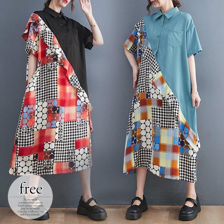 ワンピース 膝下 ミモレ丈 半袖 ビックシルエット 大きいサイズ オーバーサイズ チェック柄 ドット柄 襟付き 個性的 ゆったり 体型カバー 母親 Okf31 送料無料 在庫一掃