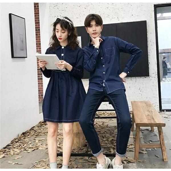 週間売れ筋 おしゃれ カップル 前開き きれいめ ひざ上 長袖 カジュアル リンクコーデ シンプル ペアルック メンズ レディース シャツ ワンピース お誕生日 夫 プレゼント 長袖 Size M Michiganestateplanning Com