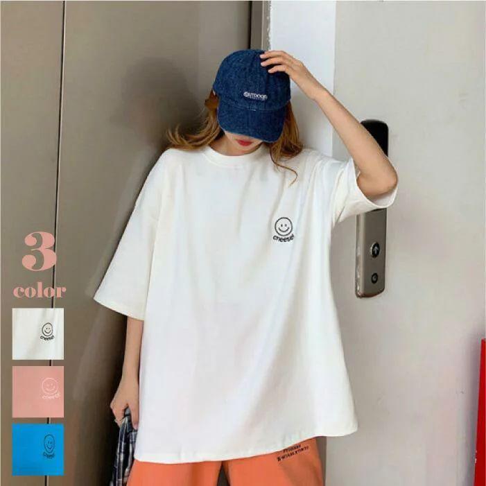 メンズファッション 送料無料 北海道 沖縄県除く オーバーサイズtシャツ ビッグシルエット ドロップショルダー 半袖 スマイル 刺繍 Tシャツ トップス レディース N1241 Ighrf2bh1q Core Compliance Com