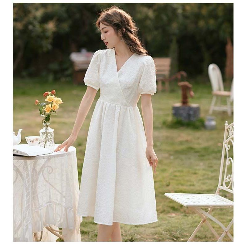 21 新作 ミディアム丈 マキシワンピース レディース 夏春 ロング ウエスト細みせ 半袖 スピーカースリーブ ｖネック 花柄 白ワンピース 二次会ドレス シンプル 大人 長袖 Color ホワイト Lookalno Ba