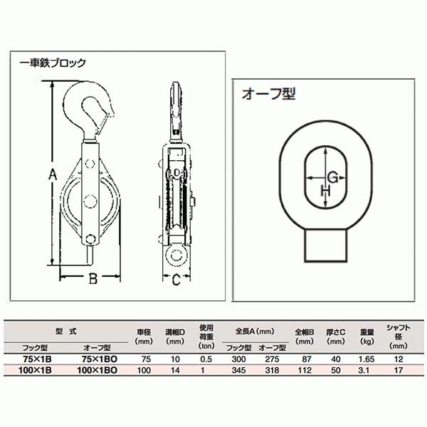 スリーエッチ 強力型滑車 100×1BO 一車鉄ブロック（ベケット付
