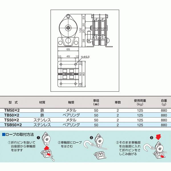 スリーエッチ 固定滑車たて型分離式 TSB50×2 二車 車径50mm スリーエッチ 固定滑車たて型分離式 TSB50×2 二車 車径50mm