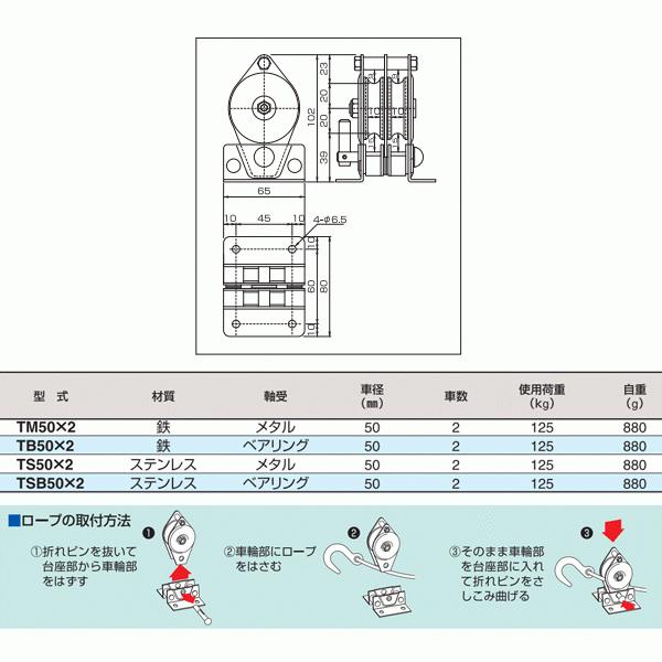 スリーエッチ　固定滑車たて型分離式　TSB50×2　ステンレス　車径50mm　使用荷重125kg　ベアリング　二車　HHH