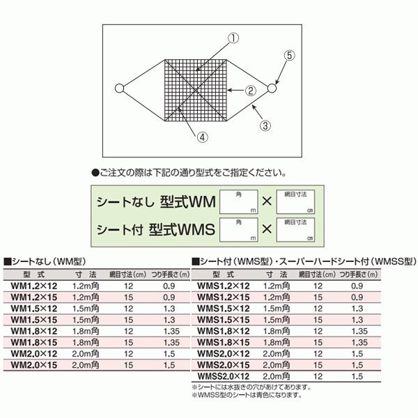 スリーエッチ ワイヤーモッコ WMS1.5×12 寸法1.5m角 つり手長さ1.3m 