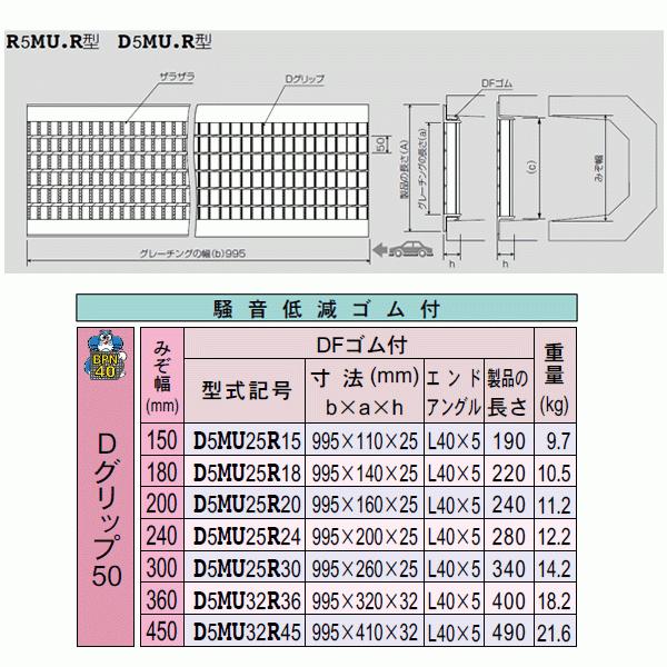 ダイクレ U字溝グレーチング 溝幅200用 並目(Dグリップ・DFゴム付) T-2