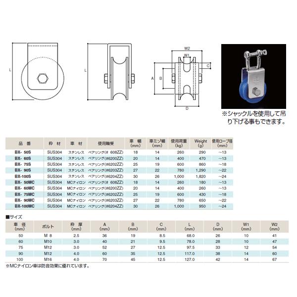滑車 ふじわら ボックス滑車(BOX-BLOCK) 使用荷重600kg SUS304 ステンレス