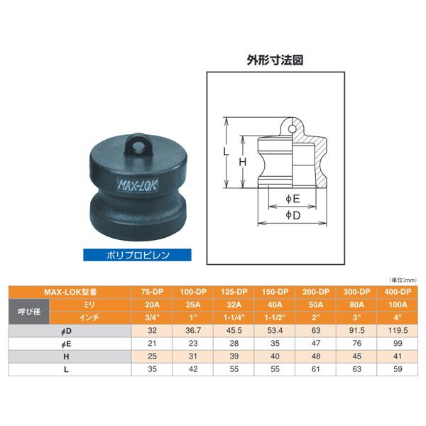 レバーカップリング　1インチ　25A　マックスロック　ポリプロピレン製　ダストプラグ　MAX-DP　カムロック