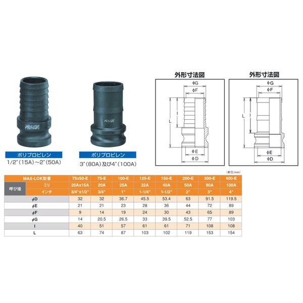 レバーカップリング　3インチ　80A　マックスロック　MAX-E　ポリプロピレン製　ホースシャンクアダプター（オス×タケノコ）　カムロック