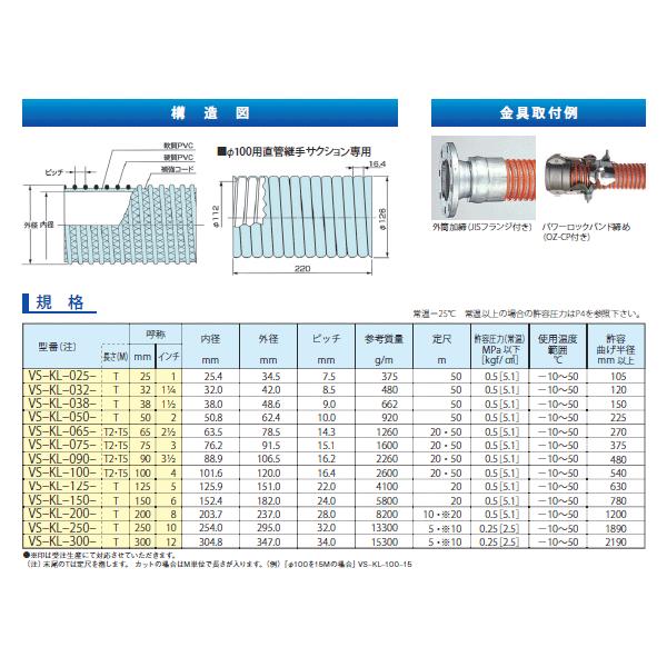 カナフレックス 65mm×50m（定尺） 耐圧サクションホース V.S.カナラインA 工業用ホース 農業用ホース 土木用ホース 排水ホースの画像