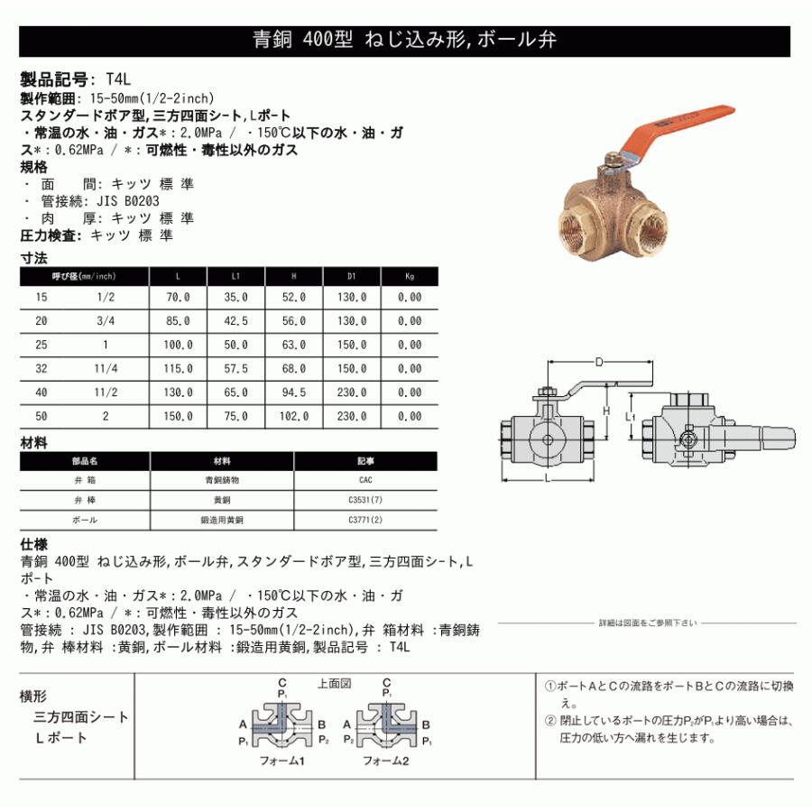 KITZ（キッツ）50A 2インチ 横形三方四面シートボールバルブ(Lポート
