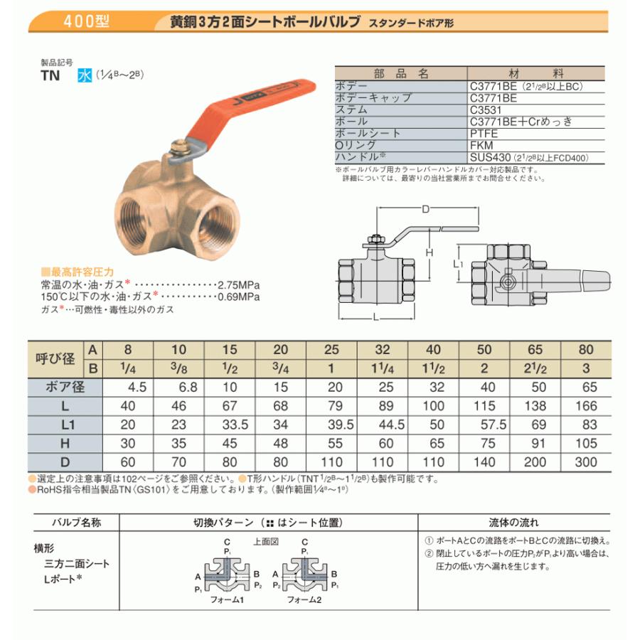 KITZ(キッツ)80A 3インチ 横形三方二面シートボールバルブ(L KITZ(キッツ)80A 3インチ 横形三方二面シートボールバルブ(L