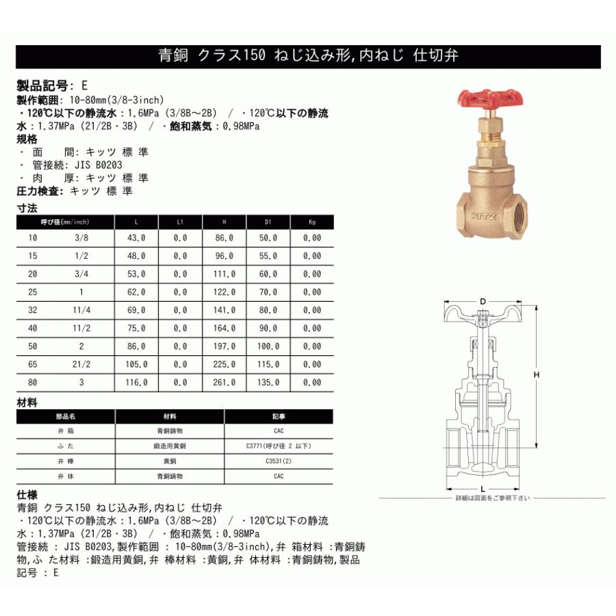KITZ（キッツ）20A 3/4インチ ゲートバルブ E 150型 青銅 ステム非上昇 