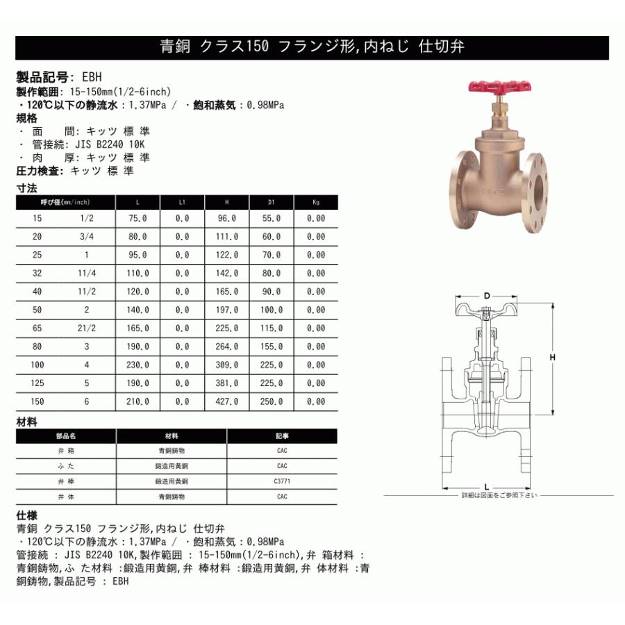 KITZ（キッツ）50A 2インチ ゲートバルブ EBH 150型 青銅 ステム非上昇 