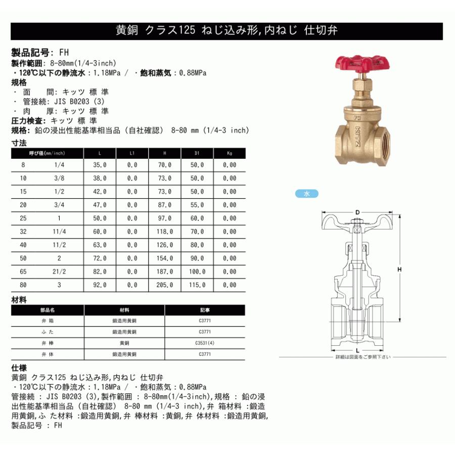 KITZ(キッツ)15A 1/2インチ ゲートバルブ FH 125型 黄銅 KITZ(キッツ)15A 1/2インチ ゲートバルブ FH 125型 黄銅
