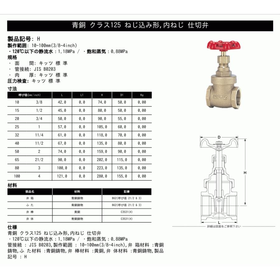 KITZ（キッツ）50A 2インチ ゲートバルブ H 125型 青銅 ステム非上昇型
