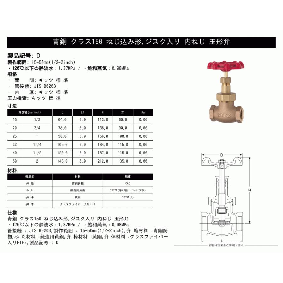 KITZ（キッツ）50A 2インチ グローブバルブ D 青銅 150型 グラス 