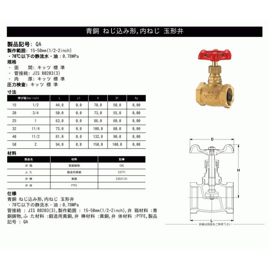 KITZ(キッツ)15A 1/2インチ グローブバルブ QA 青銅 汎用 KITZ(キッツ)15A 1/2インチ グローブバルブ QA 青銅 汎用