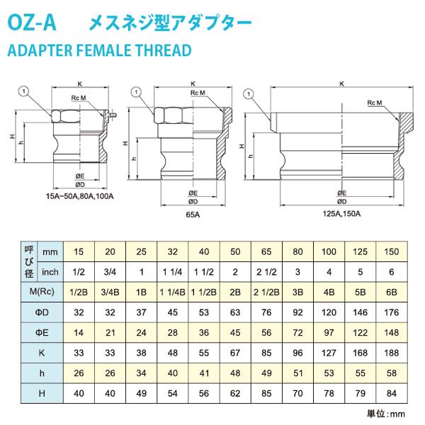 小澤物産　6インチ　150A　メスネジ型アダプター（オス×メスネジ）　ステンレス製　OZCレバーカップリング　カムロック　OZ-A