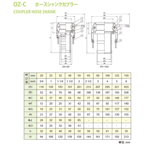 小澤物産　5インチ　125A　OZCレバーカップリング　ホースシャンクカプラー（メス×タケノコ）　OZ-C　アルミニウム製　カムロック