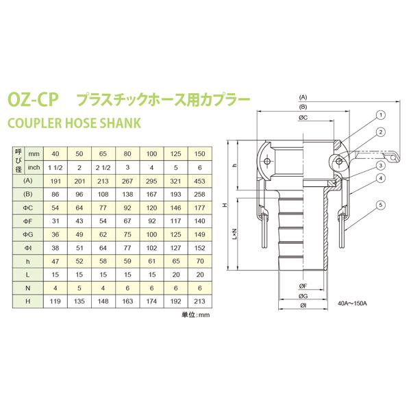 【20個セット】小澤物産　6インチ　150A　OZCレバーカップリング　ホースタケノコカプラー（メス×タケノコ）　OZ-CP　アルミニウム製　カムロック｜kendostore｜02