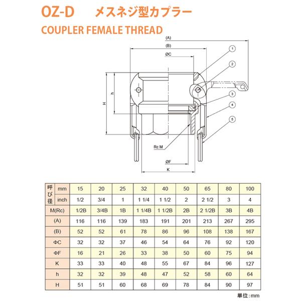【20個仕かける】小澤物産 1in 25A OZC生き胆カップリング 刃針螺子釘型カプラー（刃針×刃針螺子釘） OZ-D ブロンズ製 カム鍵を掛ける