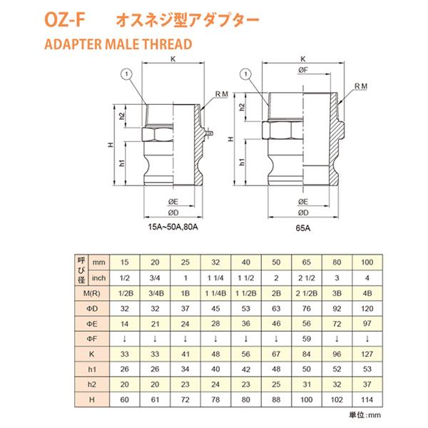 【20個セット】小澤物産　21/2インチ　65A　OZCレバーカップリング　オスネジ型アダプター（オス×オスネジ）　OZ-F　ブロンズ製　カムロック_1