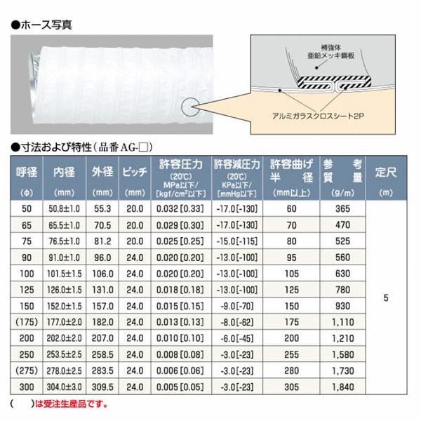 タイフレキホースV型AGタイプ　65mm×5m（定尺）180℃以下　耐熱ダクト　タイガースポリマー　熱風発生循環装置　空調用　吸排気_1