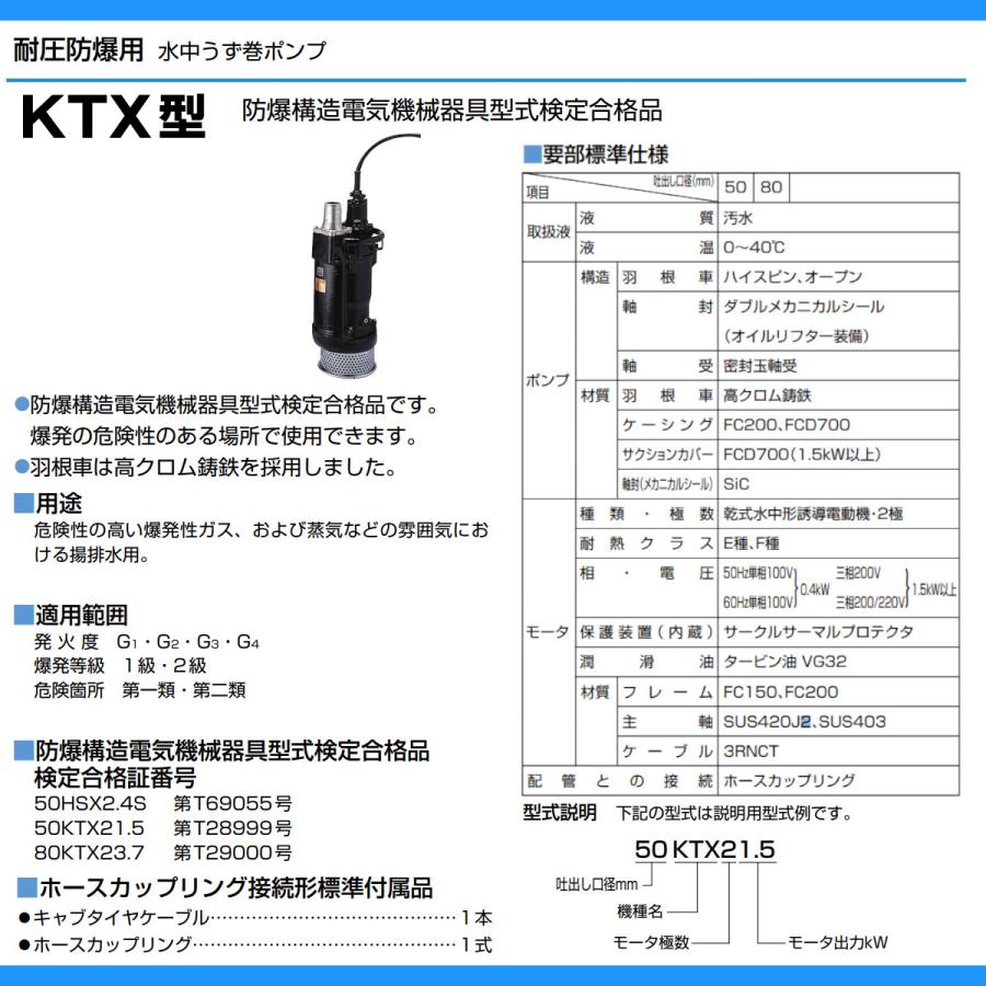 ツルミポンプ ツルミ 鶴見 50KTX21.5 水中 うず巻 ポンプ 200V 50mm