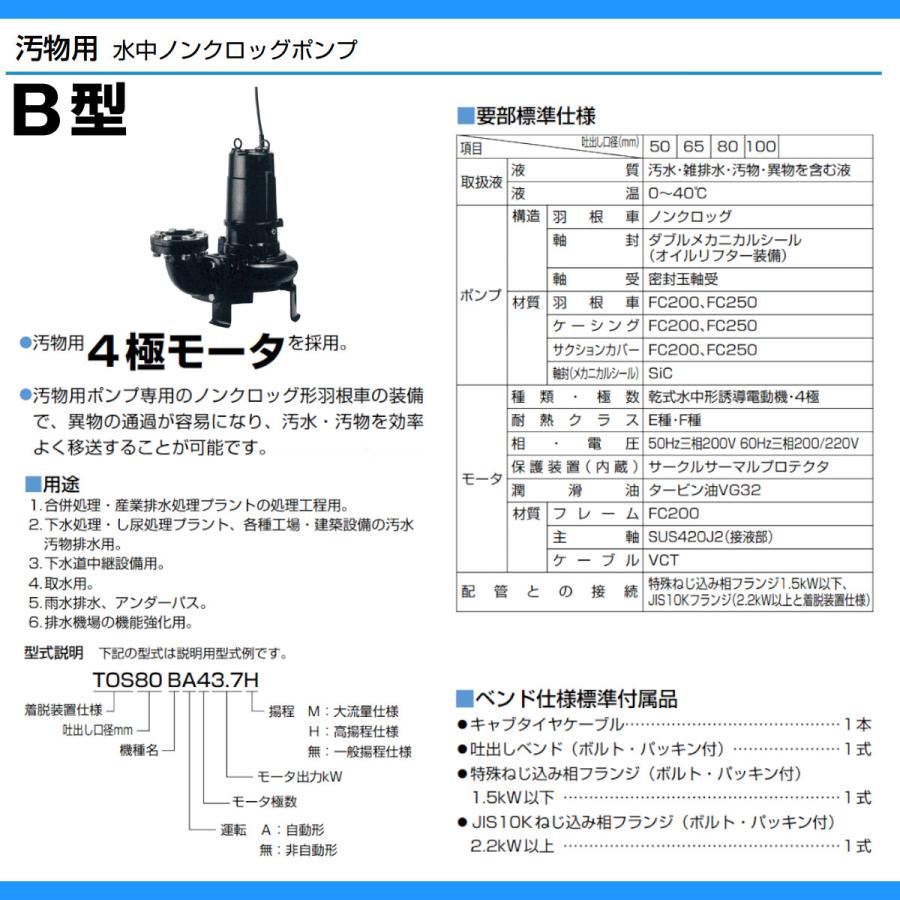 ツルミポンプ ツルミ 鶴見 80B43.7M 汚物用 水中 ノンクロッグ ポンプ