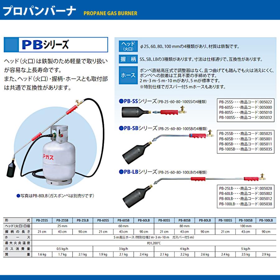 範多機械 プロパンバーナー PB-100LB 5mホース付き 火口口径100mm 握柄