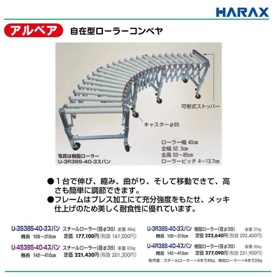 ハラックス アルベア U-4S38S-40-4スパン 自在型 ローラー コンベア 