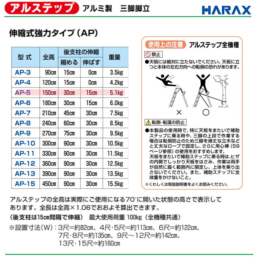 ハラックス アルステップ AP-5 三脚脚立 伸縮式強力タイプ アルミ製 