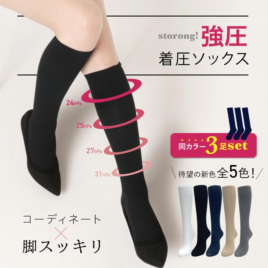 リニューアル3足組 着圧ソックス 22〜25cm 強圧 日本製 強力 綿混合