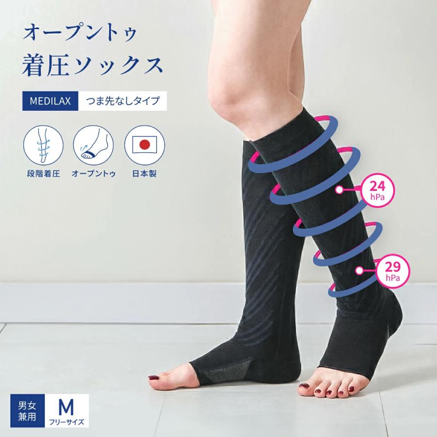 MEDILAX 着圧ソックス つま先なしタイプブラックロング 男女兼用 段階