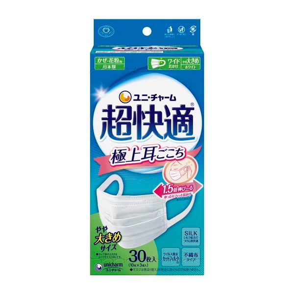 (送料無料・まとめ買い×12個セット)ユニ・チャーム超快適マスク 極上耳ごこち プリーツタイプ やや大きめ 30枚入 ホワイト_1