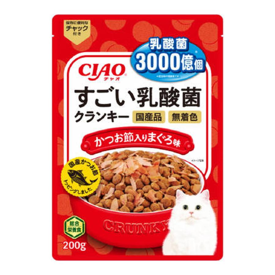 (送料無料・まとめ買い×24個セット)いなばペットフード CIAO チャオ すごい乳酸菌 クランキー かつお節入り まぐろ味 200gの画像