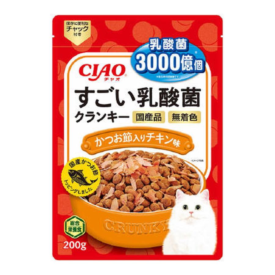 (送料無料・まとめ買い×24個セット)いなばペットフード CIAO チャオ すごい乳酸菌 クランキー かつお節入り チキン味 200gの画像