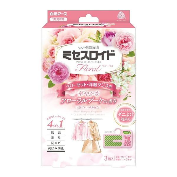(送料無料・まとめ買い×30個セット)白元アース ミセスロイド フローラル クローゼット・洋服ダンス用 1年間有効 フローラルブーケの香り 3個入