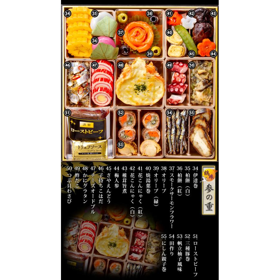 おせち 2024年 冷凍 快適生活 京都祇園「閼伽井」監修 豪華三段重「和洋ファミリーおせち」 鶴珠 紅 白 約 沖縄 閼伽井 鶴珠 商品説明 約6 風呂敷 蒲鉾 柏餅 オリーブ 花こんにゃく 北海道