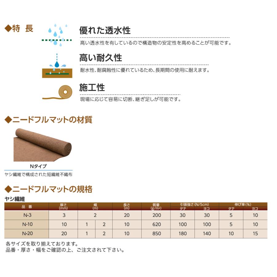 20mm厚/2m幅/10m長【N-20(2)/ヤシ繊維】土木用短繊維不織布 ニードフル